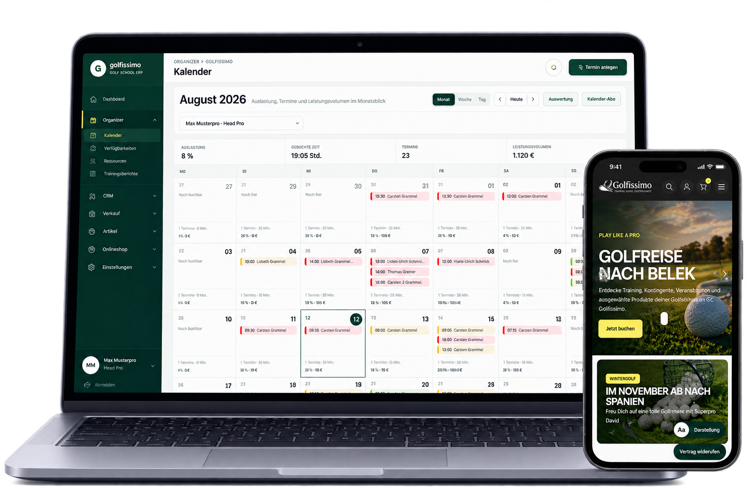 Golfissimo Kalender und Onlineshop auf Laptop und Smartphone
