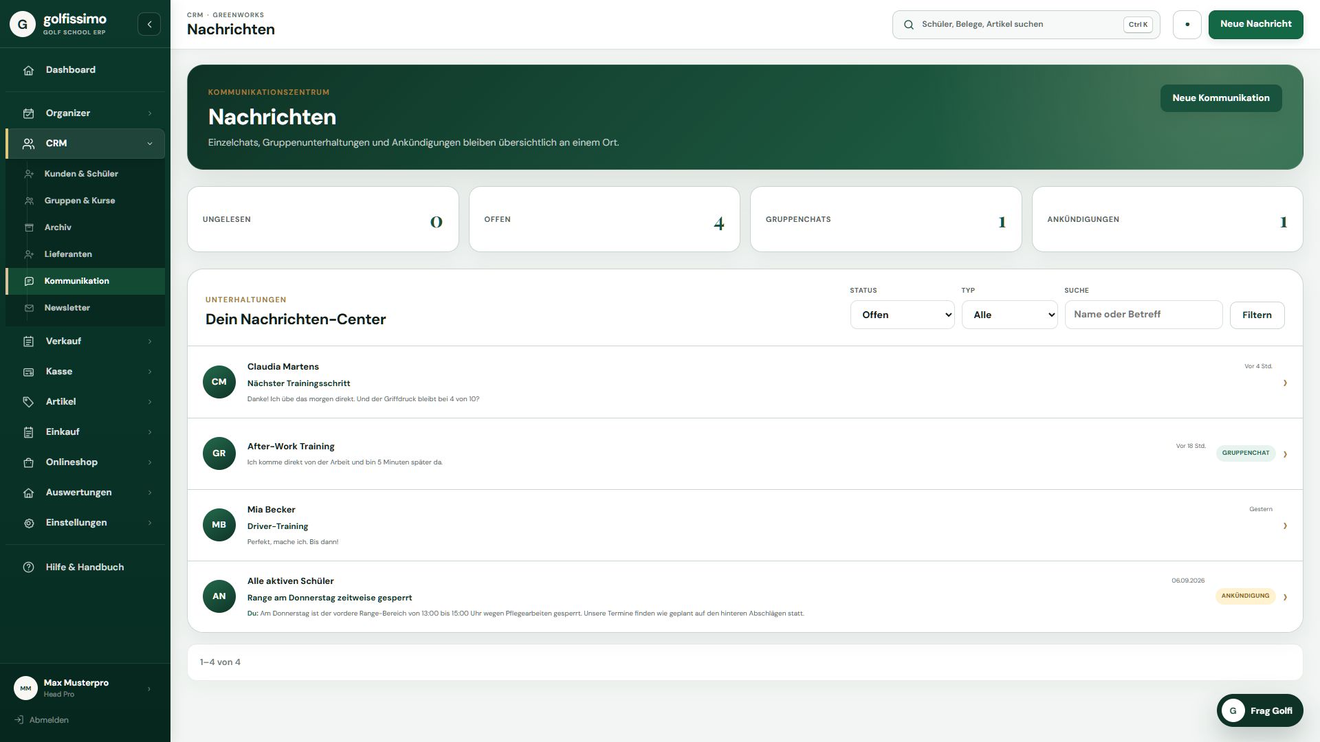 Golfissimo Kommunikation zwischen Professional und Schüler