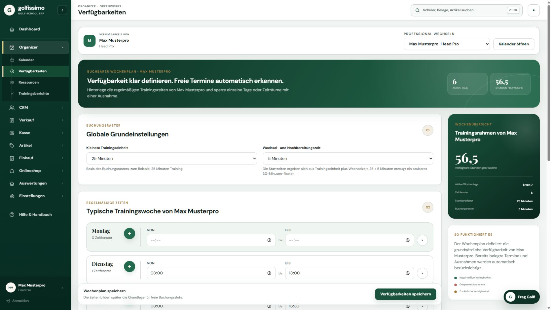 Aktuelle Golfissimo Verfügbarkeiten mit Buchungsraster und Wochenplan