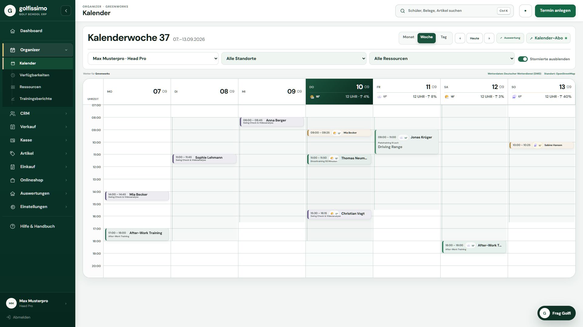 Aktueller Golfissimo Organizer mit Monatskalender, Wetter, Auslastung und Terminen