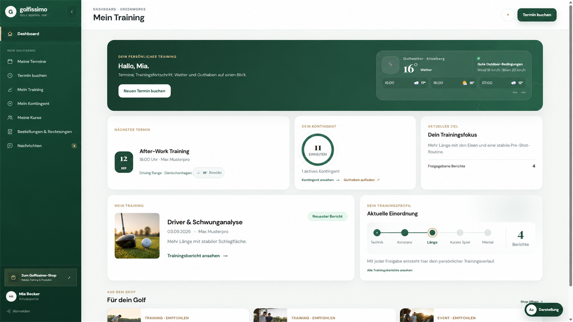Golfissimo Schülerportal mit Termin, Kontingent, Trainingsziel und freigegebenem Bericht