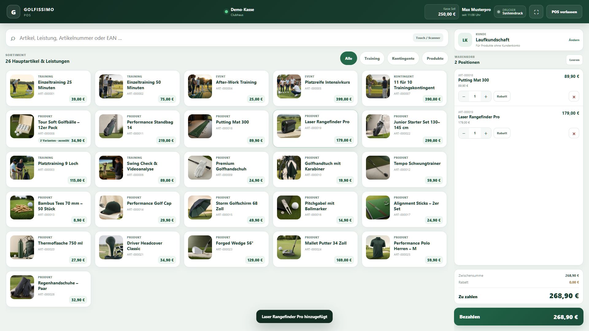 Golfissimo Touch-POS mit Artikeln, Produktbildern und befülltem Warenkorb