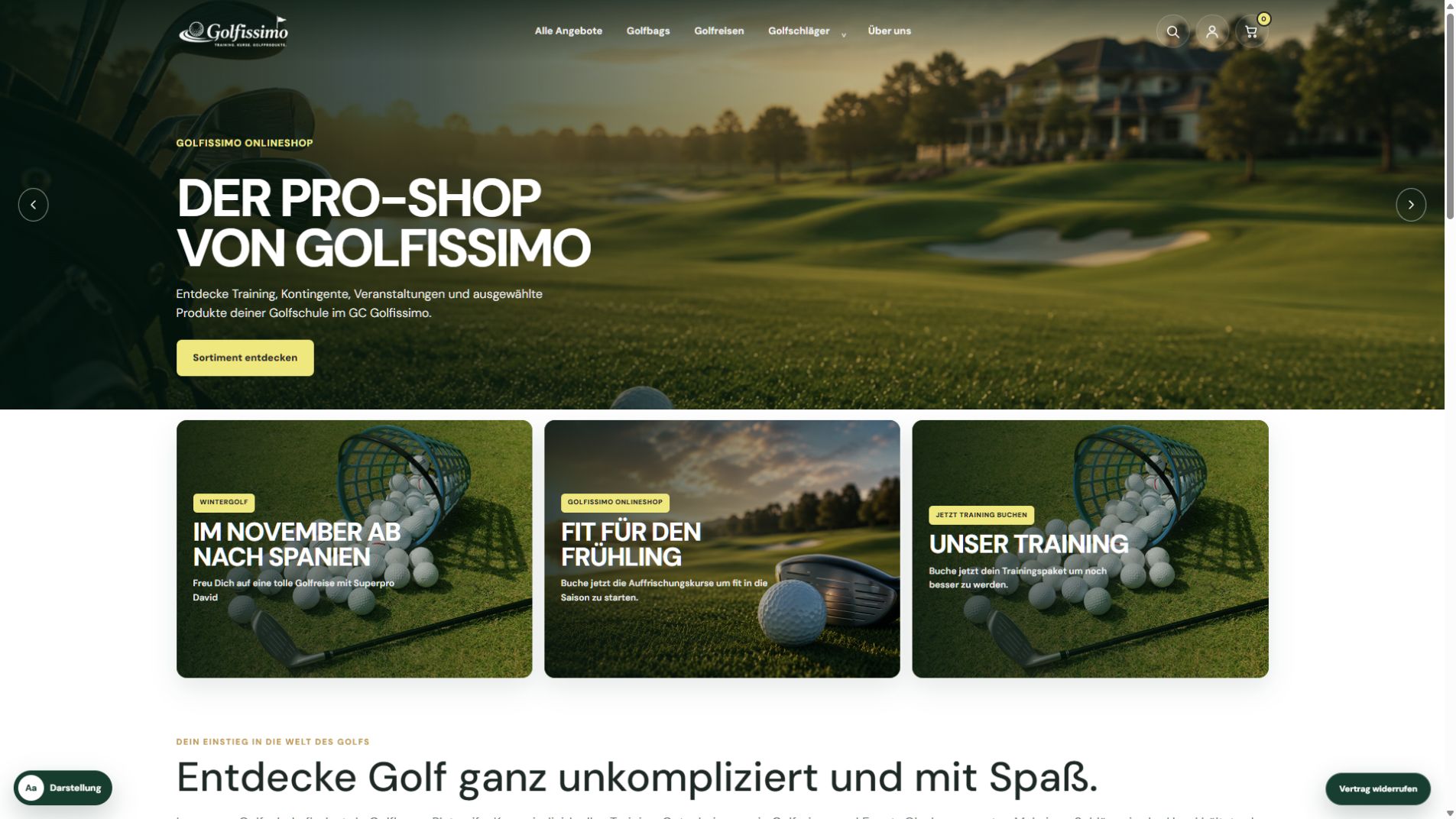 Aktueller Golfissimo Onlineshop mit Hero, Aktionen und Kategorien
