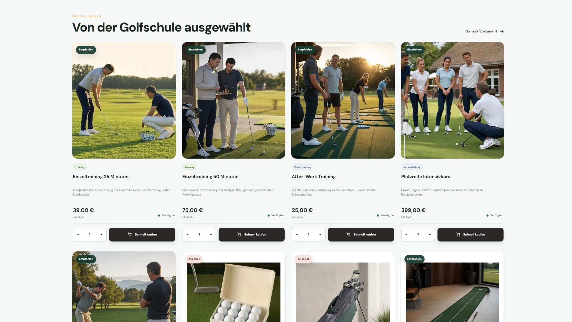 Golfissimo Shop mit Trainingsangeboten, Kursen und aktuellen Bildern